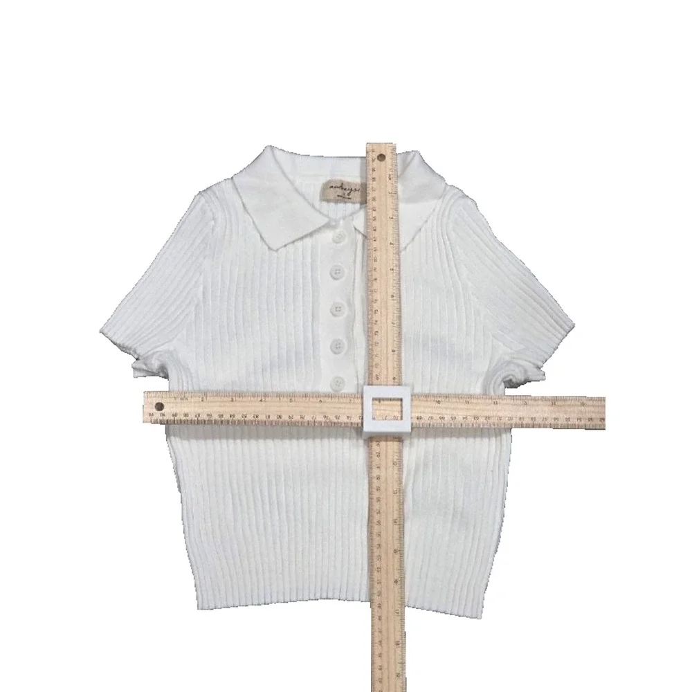 Anthropologie Audrey 3+1 short sleeve Y2K collar Polo Shirt White Small A004559